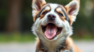 Happy corgi puppy joyfully playing outdoors in soft sunlight during a relaxing afternoon in a garden setting photo