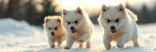 Playful puppies run through snow in a winter landscape with soft sunlight photo