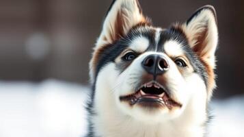 Curious husky enjoying a snowy day outdoors while looking toward the camera in wintertime photo