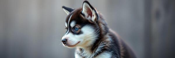 Adorable husky puppy posing against a blurred background during early afternoon photo