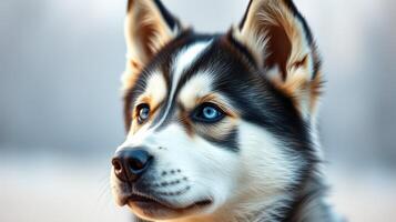 Siberian husky with striking blue eyes captured in soft natural light during early morning hours photo