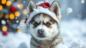 Cute husky puppy wearing a festive Santa hat enjoying snowy winter surroundings with a blurred holiday tree in the background photo