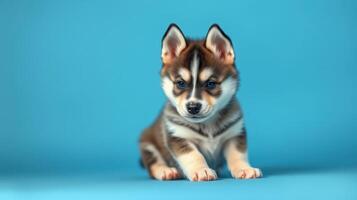Adorable husky puppy posing on a bright blue background in a studio setting showcasing its playful personality photo