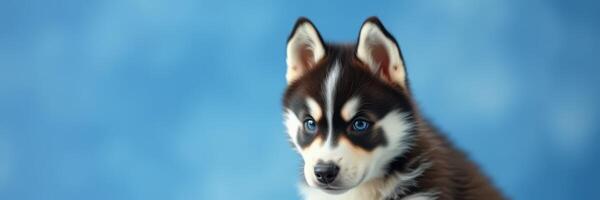 Playful husky puppy with bright blue eyes poses against a soft blue backdrop in a cheerful atmosphere photo