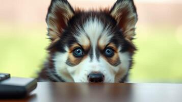 Curious puppy watches intently from the edge of a table in a cozy indoor space during daylight hours photo