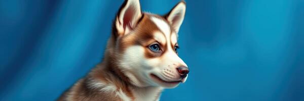 Charming husky puppy sits gracefully against a vibrant blue background showcasing its enchanting features and playful personality photo