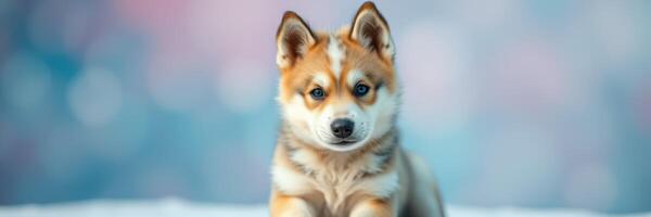 Cute puppy sitting on soft surface against blurred background during daytime photo