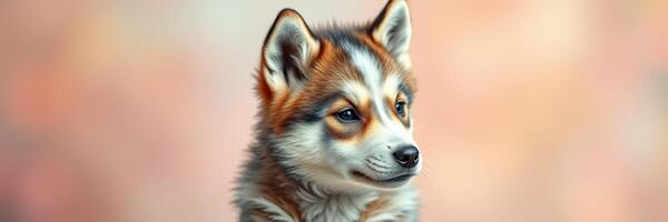 Young husky puppy looking curiously at the camera while sitting against a soft, blurred background during daylight photo