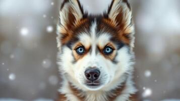 Beautiful husky puppy with striking blue eyes posing in the snow during winter photo