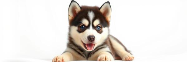 Happy husky puppy playing on a light background with a joyful expression and vibrant colors photo