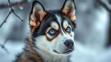 Beautiful husky puppy with striking blue eyes in a snowy winter landscape surrounded by trees photo