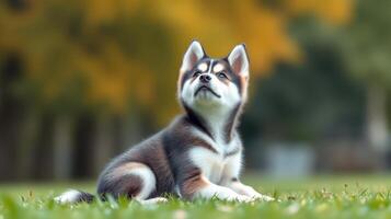 Playful husky puppy rests in a sunny park surrounded by autumn leaves and green grass during a bright afternoon photo