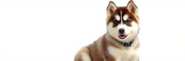 Fluffy brown and white dog sitting against a simple white background with a calm expression photo