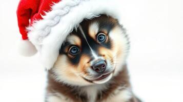 Cute puppy wearing a Santa hat on a snowy day, capturing the holiday spirit and joy in a festive atmosphere photo