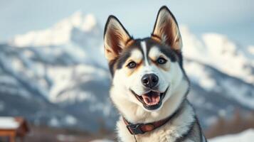 Happy dog enjoys winter day in snowy mountains with majestic peaks in background during clear weather photo