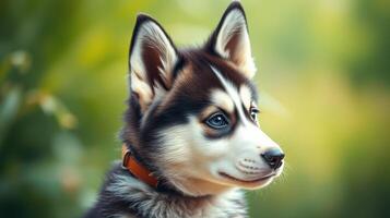 Cute husky puppy with striking blue eyes relaxing outdoors on a sunny day in the garden photo
