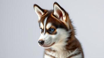 Cute brown and white husky puppy looking to the side against a plain background in a cozy indoor setting photo