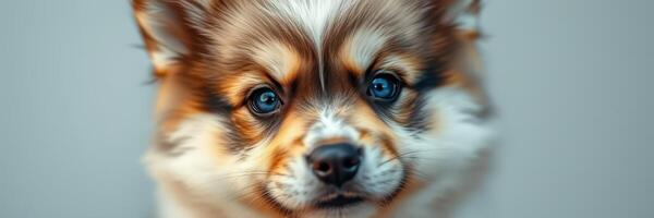Cute puppy with striking blue eyes posing for attention in a cozy indoor setting photo