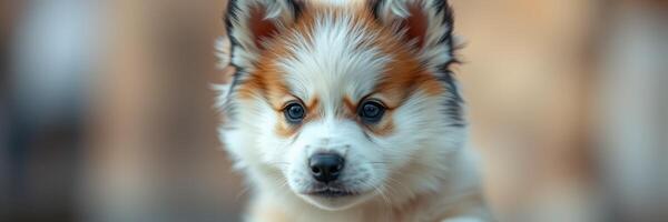 Cute puppy with fluffy fur looking directly at the camera in a soft outdoor setting photo