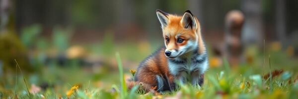 Red fox pup explores a forest clearing during early morning light in autumn photo