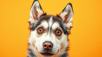 Happy dog portrait with bright orange background showcasing playful expression and attentive eyes photo