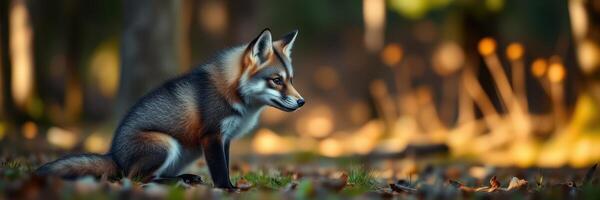 Fox resting among autumn leaves in a serene forest environment during golden hour photo
