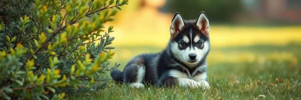 Siberian husky puppy lying on green grass near shrubs in a sunny outdoor setting photo