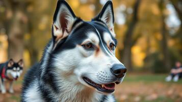 Siberian Husky enjoys a sunny afternoon in a vibrant park with friends and nature all around photo