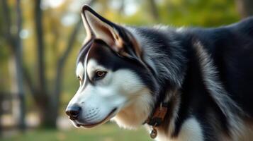 Siberian husky exploring a park during autumn afternoon with colorful foliage in the background photo