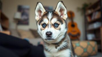 Adorable small dog with striking blue eyes and unique fur pattern sits indoors, surrounded by cozy home atmosphere photo