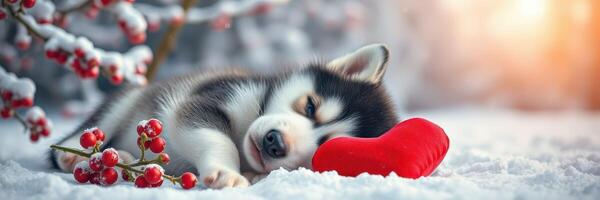 Snowy landscape with a sleeping husky puppy cuddling a red heart pillow during a winter afternoon photo