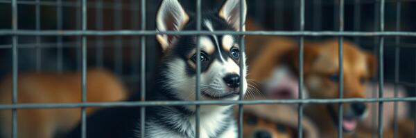 Caged puppies looking for new homes at an animal shelter during a sunny afternoon photo