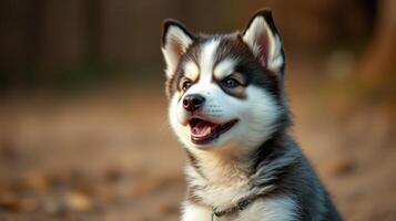 Happy puppy playing outdoors in a natural setting during golden hour photo