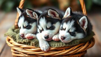 Three adorable husky puppies sleeping peacefully in a woven basket with a soft blanket photo