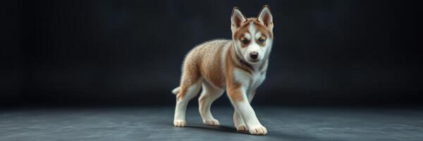 Cute puppy explores a dark studio space with curious eyes and playful steps photo