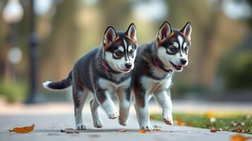 Two playful husky puppies joyfully running together through a sunlit park on a beautiful autumn day photo