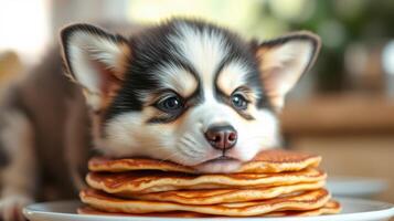 Cute puppy rests its head on a stack of pancakes in a cozy kitchen setting during the morning hours photo