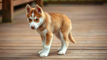 Cute young puppy exploring a wooden deck in the afternoon sunlight, showcasing its playful and curious nature photo