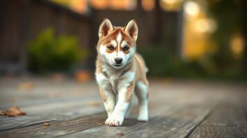 Cute puppy walks confidently on a wooden deck during golden hour in a serene outdoor setting photo