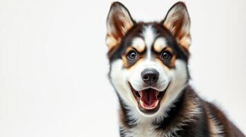 Happy dog with a playful expression posing against a neutral background photo