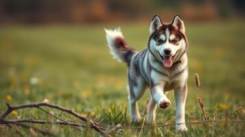 Siberian husky exploring a grassy field during a sunny day in springtime photo