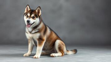 Portrait of a playful dog sitting on gray background with a cheerful expression in a studio setting photo