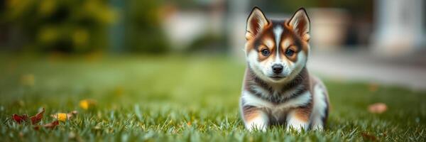 Cute puppy playing on a grassy lawn in a sunny park during the afternoon, enjoying the outdoors and exploring its surroundings photo