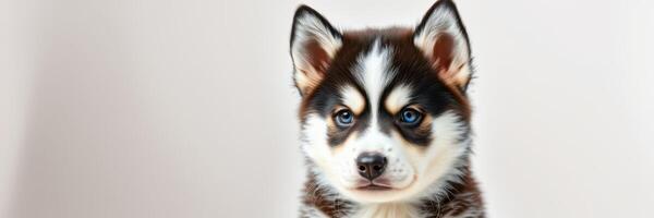 Cute husky puppy sitting against a plain background with captivating eyes and distinctive black and white fur photo