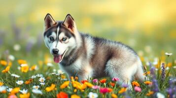 Happy husky exploring a colorful wildflower meadow during a sunny afternoon in springtime photo