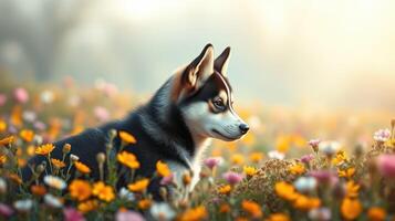 Dog sits gracefully among vibrant wildflowers in a sunlit field during the golden hour photo