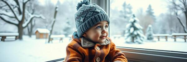 Cheerful child in winter clothing gazes out a snow-covered window on a cold day photo