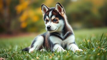 Adorable husky puppy resting in a sunny park with lush green grass surrounded by autumn leaves photo