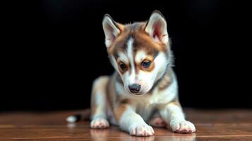 Playful husky puppy exploring its surroundings in a cozy indoor setting during daylight photo