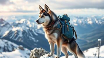 Husky dog with backpack standing on a rocky mountain summit with snow-capped peaks in the background during sunny weather photo